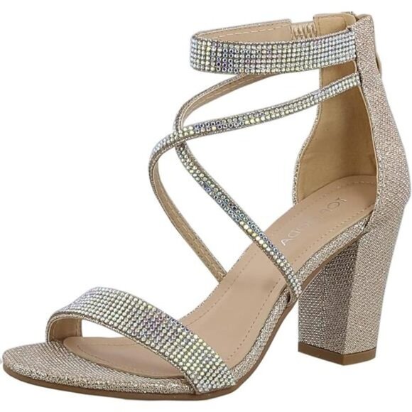 Women's Formal Rhinestone High Heel Sandal Ankle Strap, Faux Leather Sole - 3"